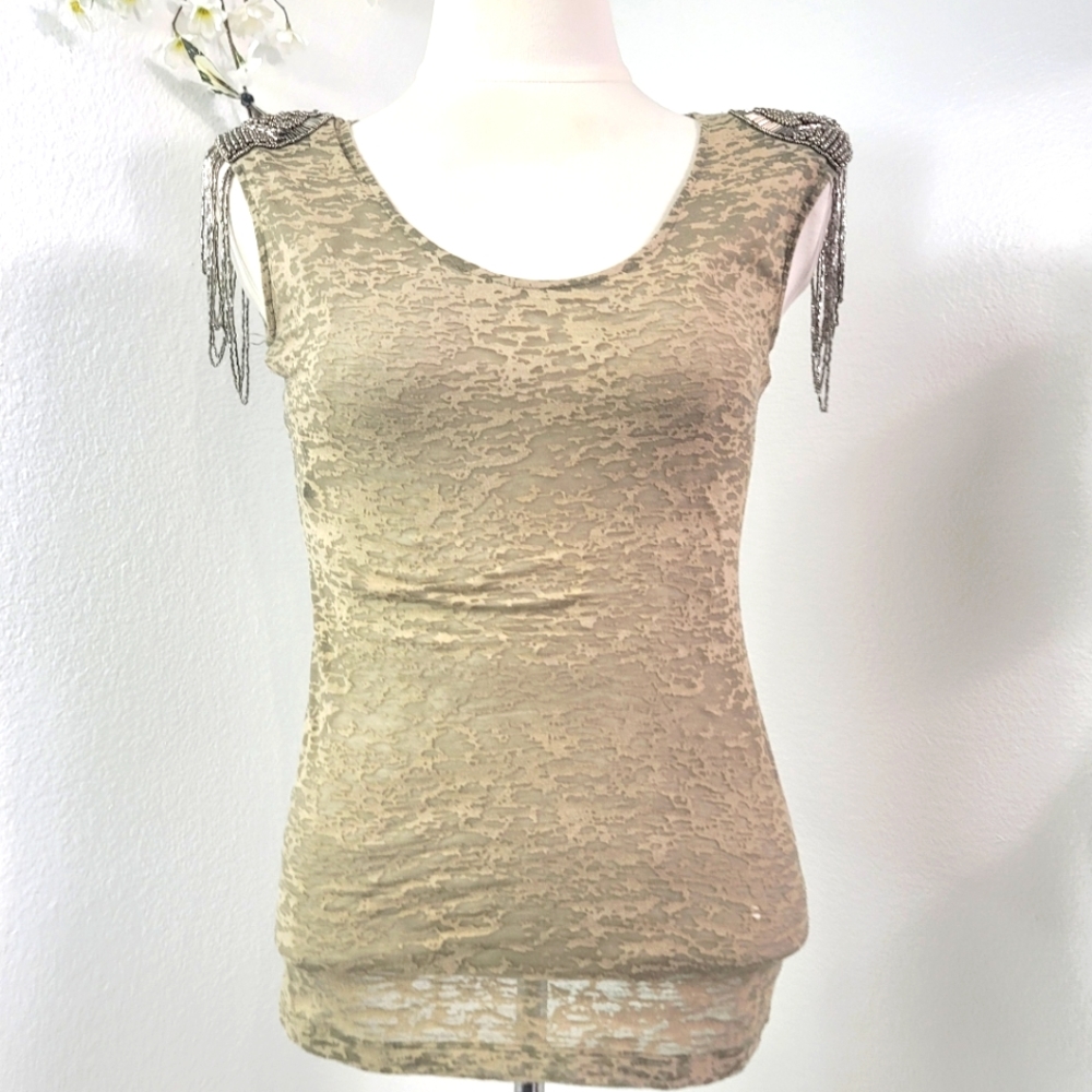 SEQUINS SHOULDER EMBELLISHED TOP SEMI-SHEER FABRIC sz SMALL
